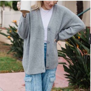 Quince Cashmere Cardigan Ribbed Oversized Boyfriend Jumper Grey Med